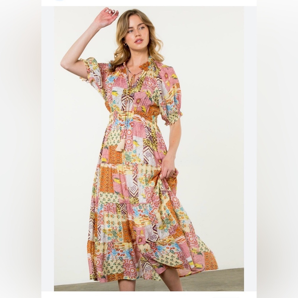 THML Boho Patchwork Maxi Dress Tassel Tie Prairie Cottagecore Festival Euro S